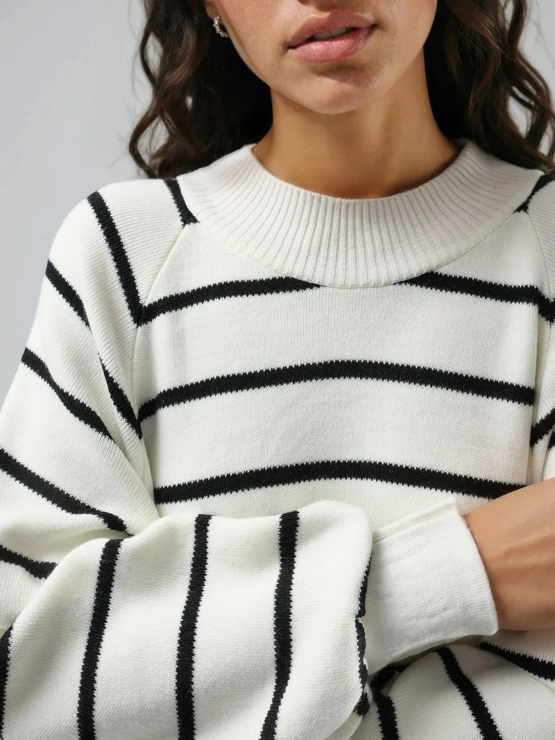 MY FASHION Dusty White MY FASHION Long Sleeve Striped Ribbed Knit Dress for Women | Best Price UAE